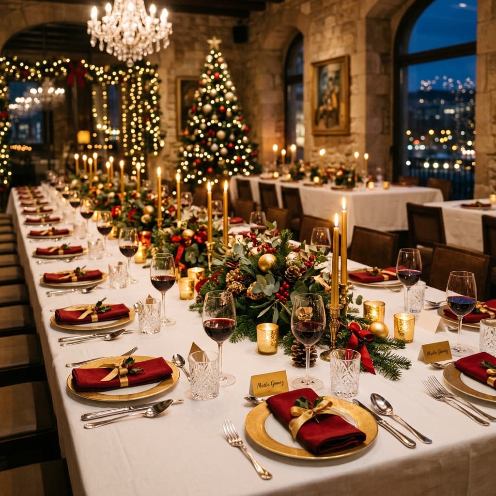 Elegante cena navideña corporativa en Barcelona con decoración dorada, velas y copas de cristal